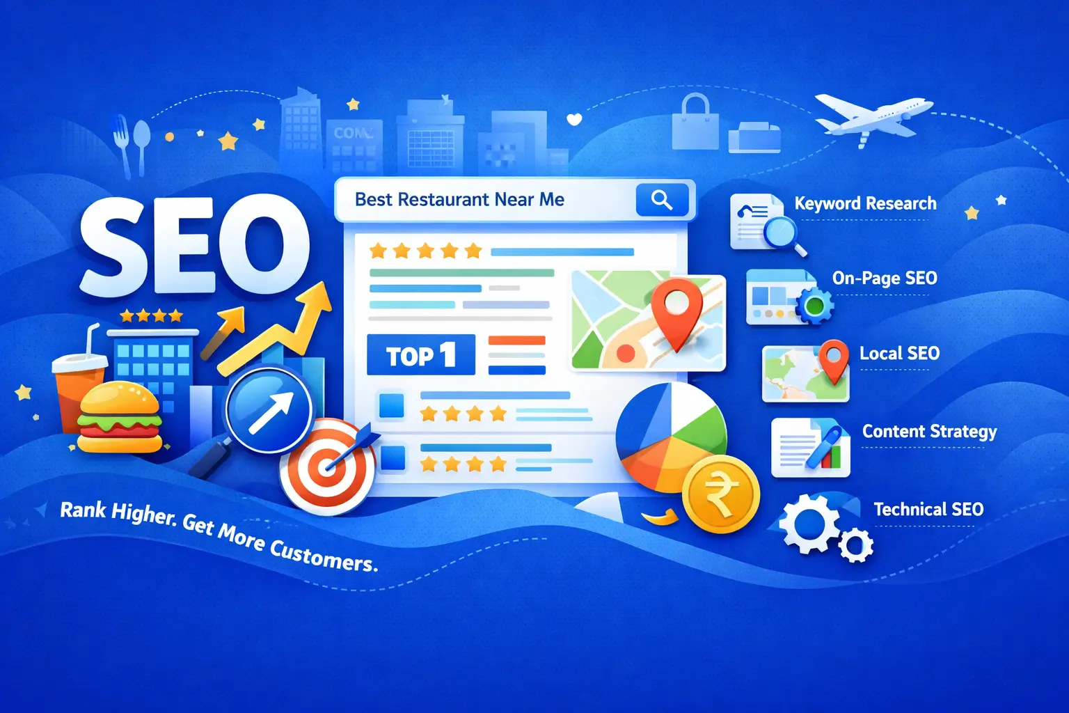 SEO services for restaurants, cafes, hotels, and food brands showing local search ranking, keyword optimization, and business growth with blue themed digital illustration